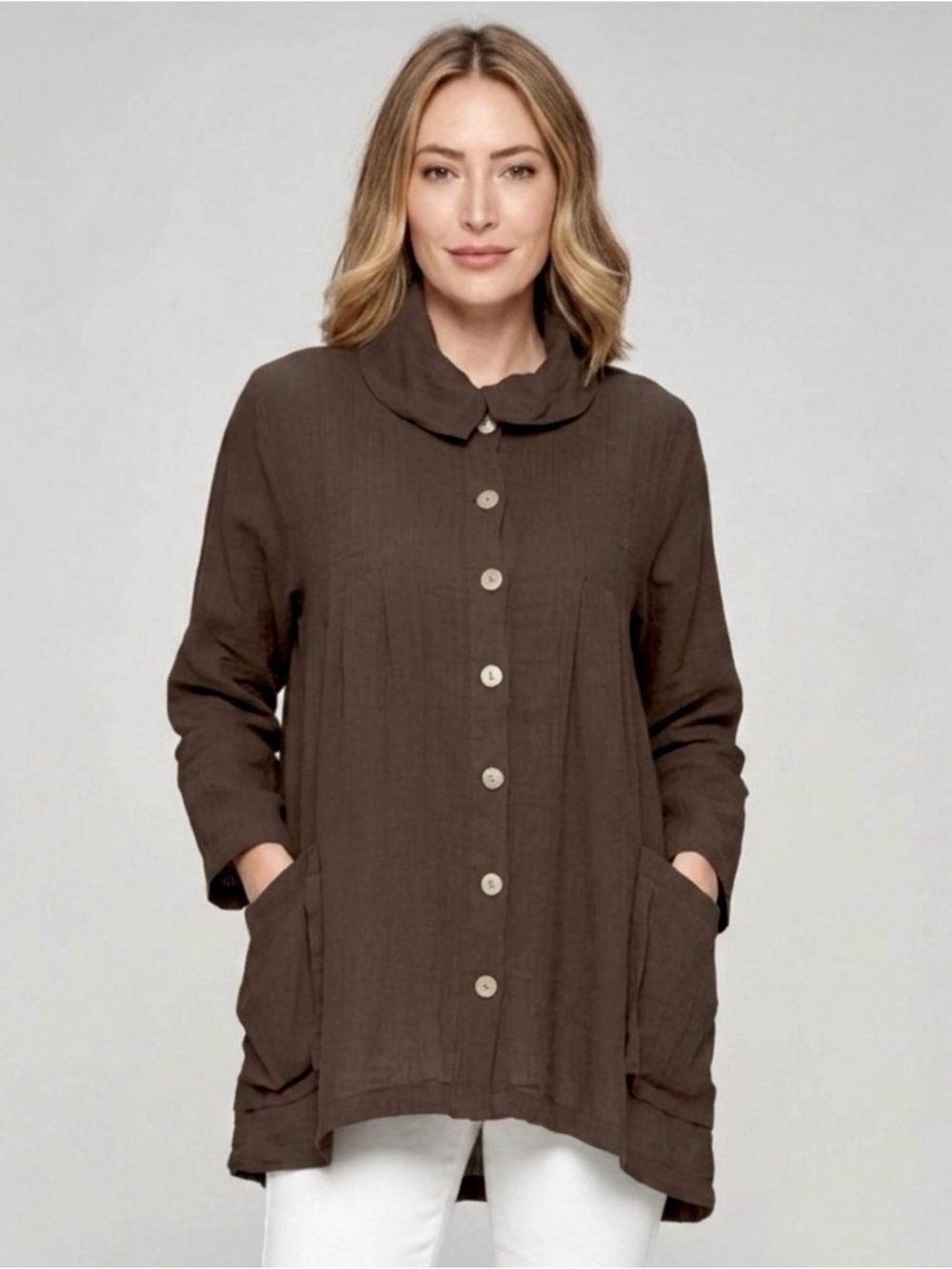 Match Point USA Linen Collared Funnel Neck Button Down Jacket Top Size L